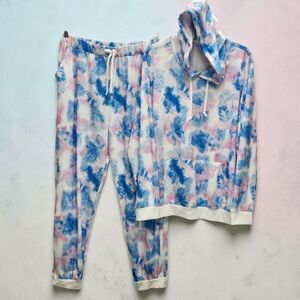 Athleisure Hooded Pants Top Set Womens 3XL Tie Dye Pink Blue Mom Life Chic Comfy